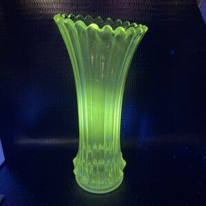 Vintage Clear Swung Stretch Glass Vase Vessel Tall Manganese 365nm Green UV Glow